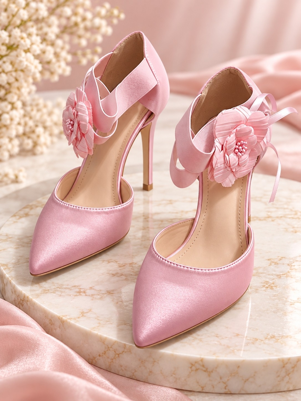 Elegant Pink Satin Pointed Heels with Floral Ankle Tie